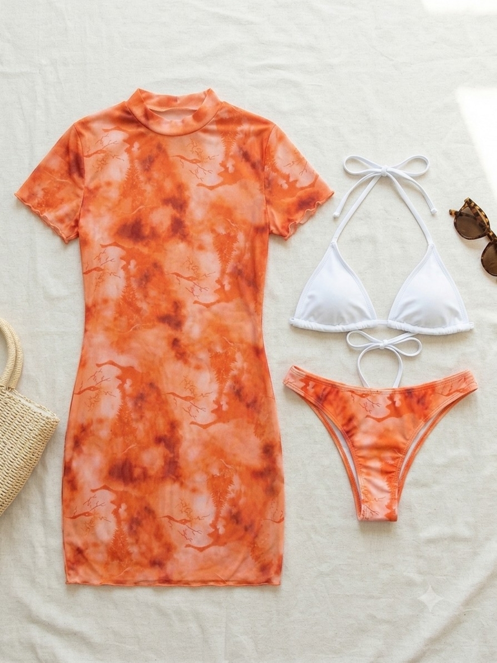 Tie-Dye Orange Short Sleeve Cover-Up Dress And Bikini 3 Piece Set